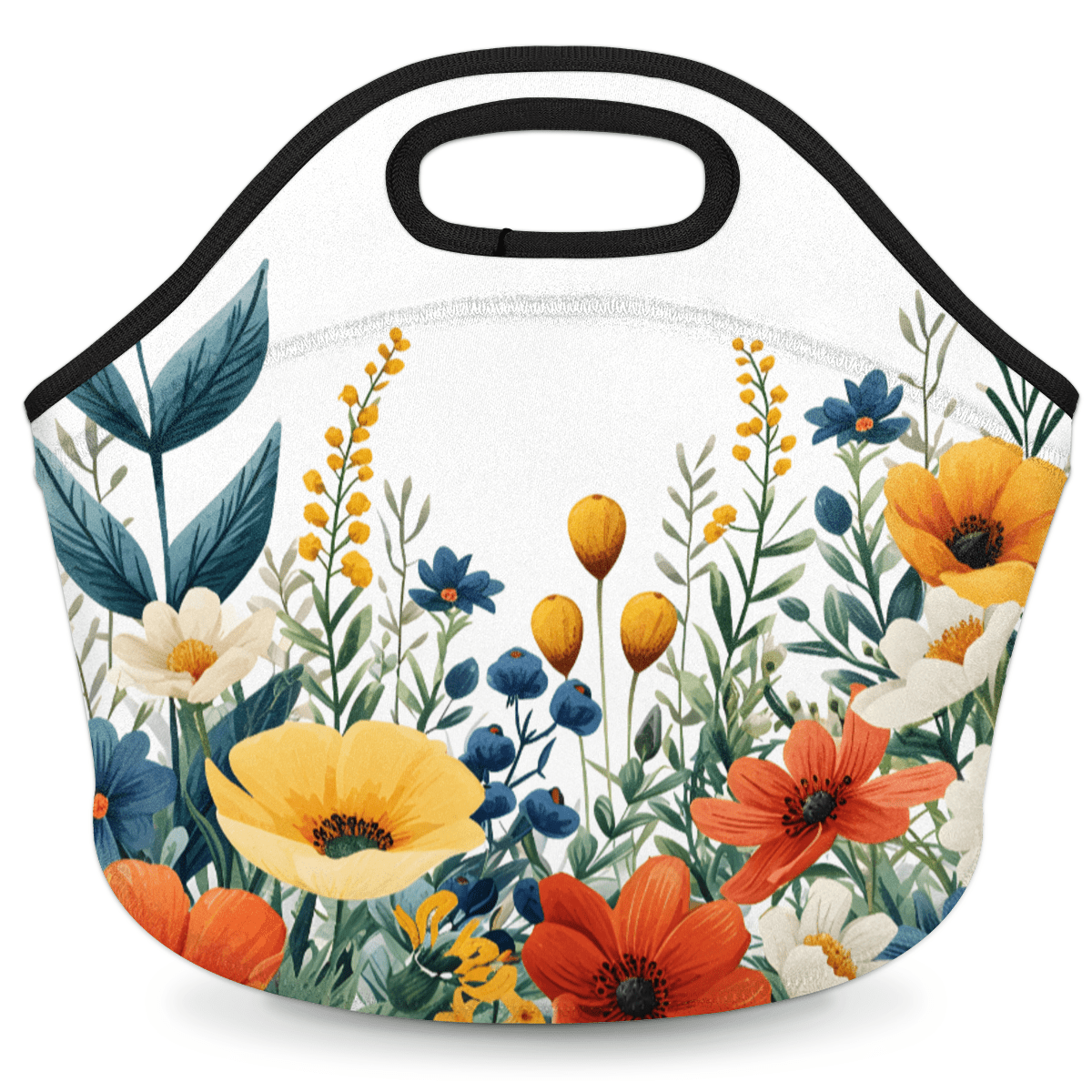Herdesigns Watercolor Floral Neoprene Lunch Bag, Colorful Flower Insulated Lunch Box for Women Men Washable Lunch Tote Soft Lunch Container With Zipper for Work Picnic Travel