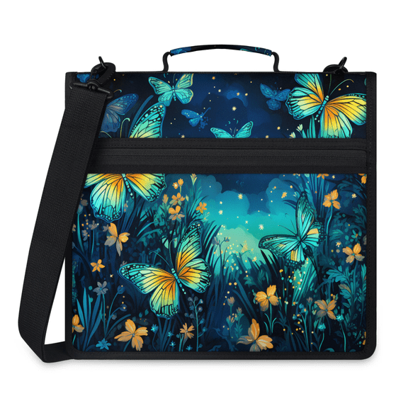 Herdesigns Watercolor Flower Butterfly Zipper Binder 1.5 Inch 3 D-Rings with Shoulder Strap & Handle, Waterproof Flower Binder Organizer Bag for 13 Inch Laptop