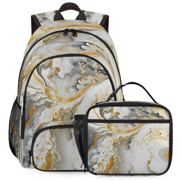 Herdesigns White And Gold Marble Large Backpack Set with Lunch Box Lightweight Water Resistant Travel Laptop Backpacks Casual Daypacks for Women Men
