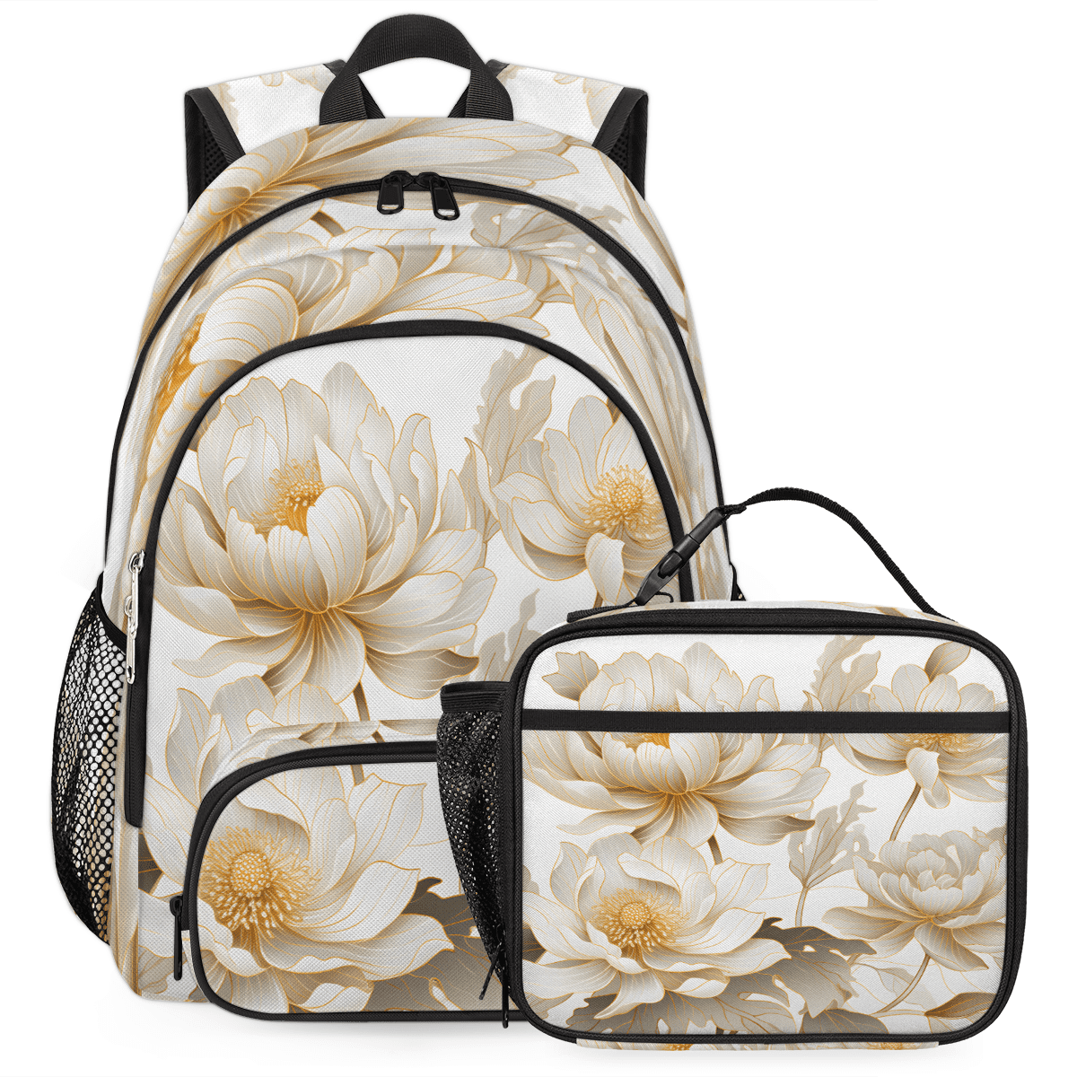 Herdesigns White Floral Backpack with Lunch Box Flowers Lightweight ...