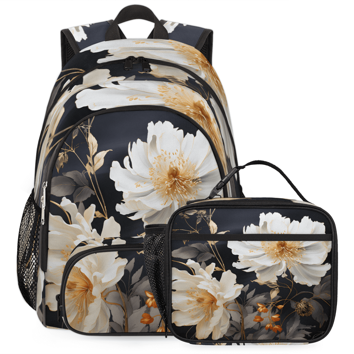 Herdesigns White Floral Backpack with Lunch Box Modern Flowers ...