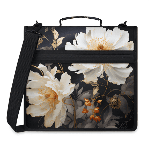 Herdesigns White Floral Zipper Binder 1.5 Inch 3 D-Rings with Shoulder Strap & Handle, Waterproof Modern Flowers Binder Organizer Bag for 13 Inch Laptop
