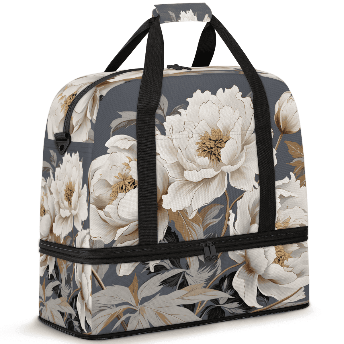 Herdesigns White Foldable Travel Duffle Bag for Women and Men Lightweight Carry On Overnight Bag Floral Flowers Gym Luggage Weekender Bags with Shoe Compartment