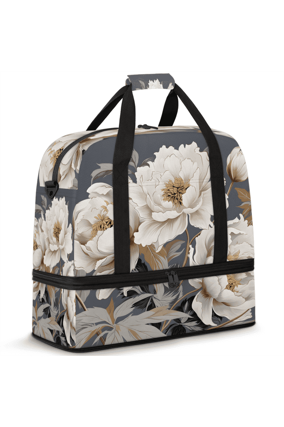 White Foldable Travel Duffle Bag for Women and Men Lightweight Carry On Overnight Bag Floral Flowers Gym Luggage Weekender Bags with Shoe Compartment
