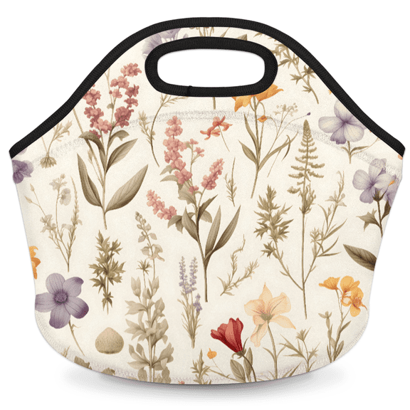 Herdesigns Wildflowers Insulated Lunch Bag Neoprene Lunch Box for Women Men Soft Cooler Bag Washable Lunch Tote for Work Outdoor Picnic