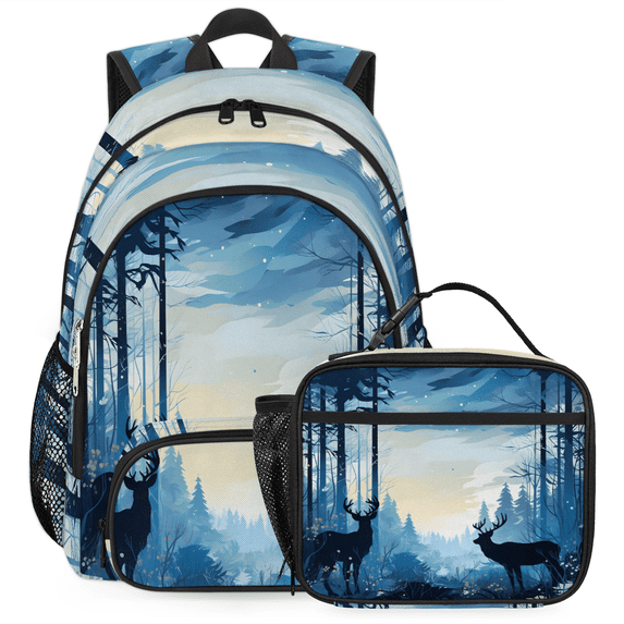 Herdesigns Wildlife Elk Deer Large Backpack Set with Lunch Box Lightweight Water Resistant Travel Laptop Backpacks Casual Daypacks for Women Men