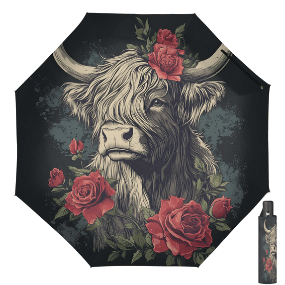 Optionauto Herdesigns Windproof Travel Umbrella, Funny Highland Cow Rose Folding ...