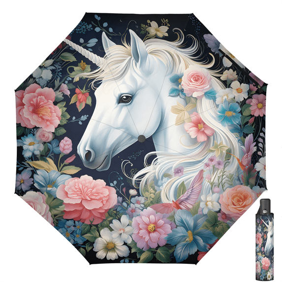 Optionauto Herdesigns Windproof Travel Umbrella, Funny Unicorn Flowers Folding ...
