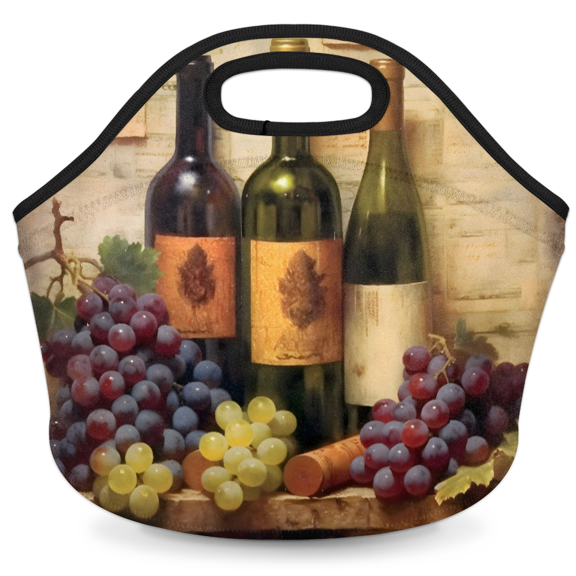Herdesigns Wine Bottle Grapes Insulated Neoprene Lunch Bag for Women Men Lunch Box Washable Reusable Lunch Tote Lightweight Lunch Handbag for Work Outdoor Picnic