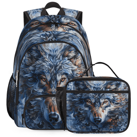 Herdesigns Wolf Backpack with Lunch Box Wild Animal Wolves Lightweight Large Travel Work Laptop Backpacks Set Casual Daypacks