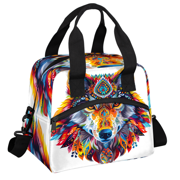 Herdesigns Wolf Insulated Lunch Bag for Women Men Adults Large Reusable Lunch Box Boho Leakproof Cooler Tote Bags with Adjustable Shoulder Strap