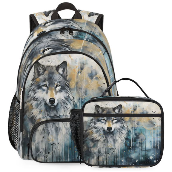 Herdesigns Wolf Wildlife Large Backpack Set with Lunch Box Lightweight Water Resistant Travel Laptop Backpacks Casual Daypacks for Women Men