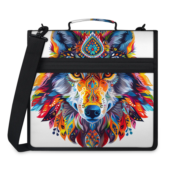 Herdesigns Wolf Zipper Binder 1.5 Inch 3 D-Rings with Shoulder Strap & Handle, Waterproof Boho Binder Organizer Bag for 13 Inch Laptop