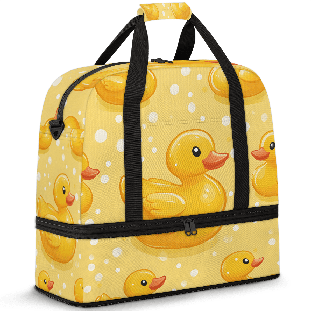 Herdesigns Yellow Duck Foldable Travel Duffel Bag for Women Men, Polka Dots Weekend Overnight Carry On Bags with Shoe Compartment