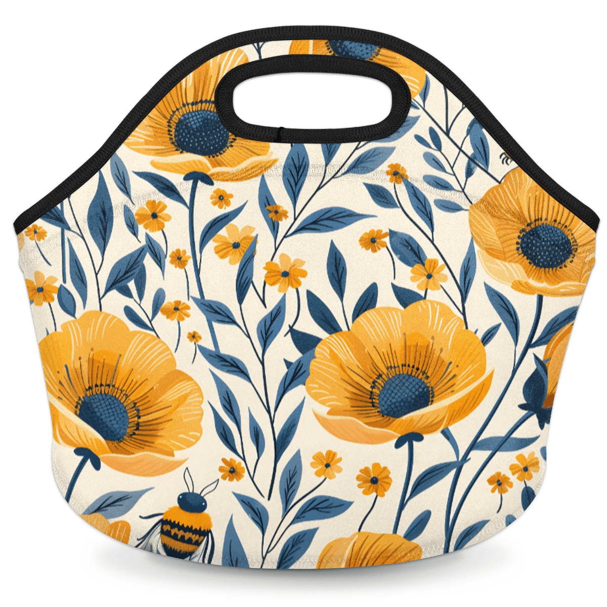 Herdesigns Yellow Floral Neoprene Lunch Bag, Bee Flower Insulated Lunch Box for Women Men Washable Lunch Tote Soft Lunch Container With Zipper for Work Picnic Travel