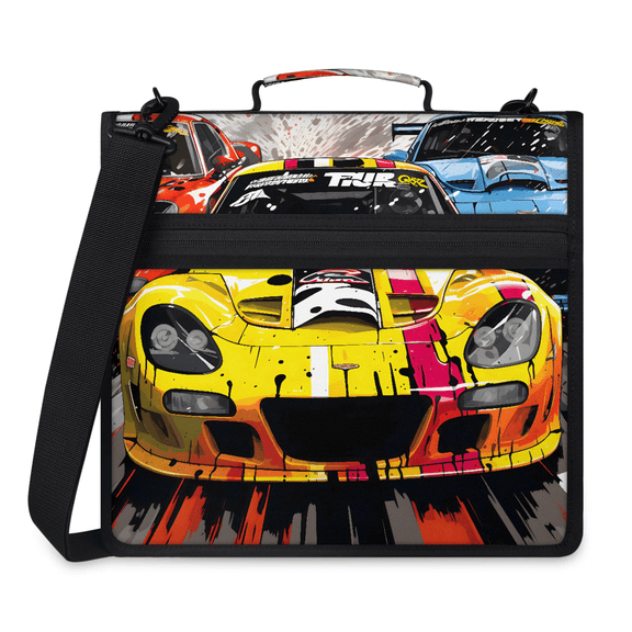 Herdesigns Yellow Racing Car Zipper Binder with Shoulder Strap, Waterproof 1.5 Inch 3 D-Ring Binder Organizer Bag, Fits 13 Inch Laptop for Work,