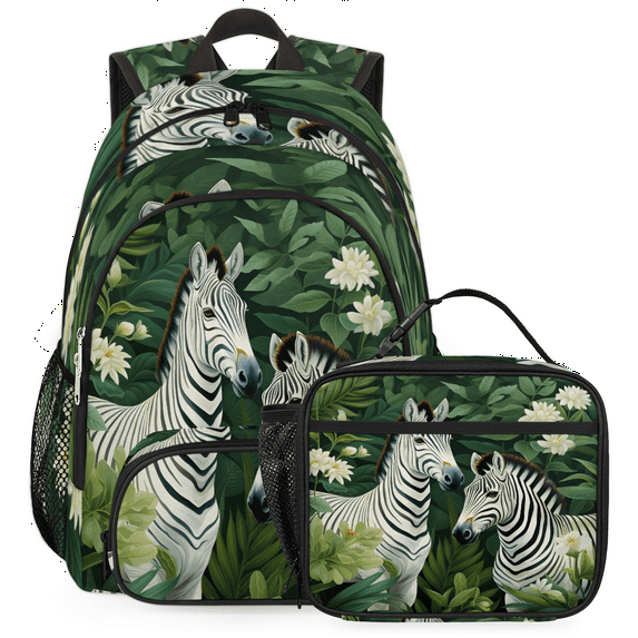 Herdesigns Zebra Backpack with Lunch Box Jungle Zebra Lightweight Large Travel Work Laptop Backpacks Set Casual Daypacks