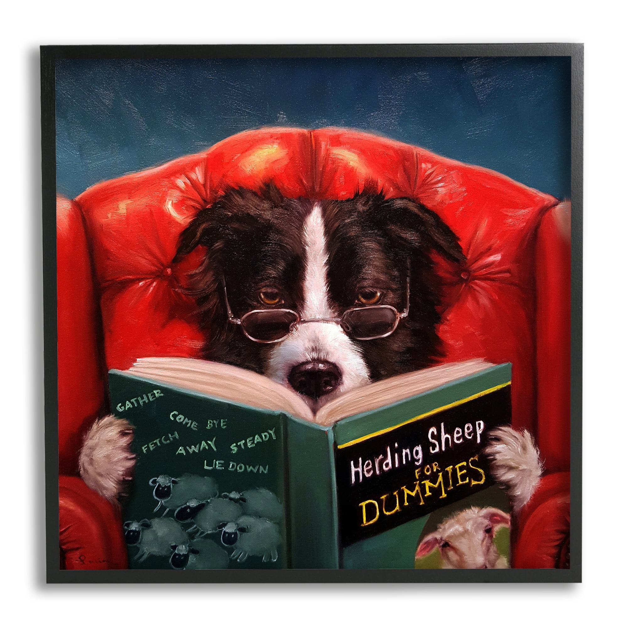 Herding Sheep Dog Reading for Dummies Funny Animals & Insects Framed Art Print Wall Art Design By Lucia Heffernan
