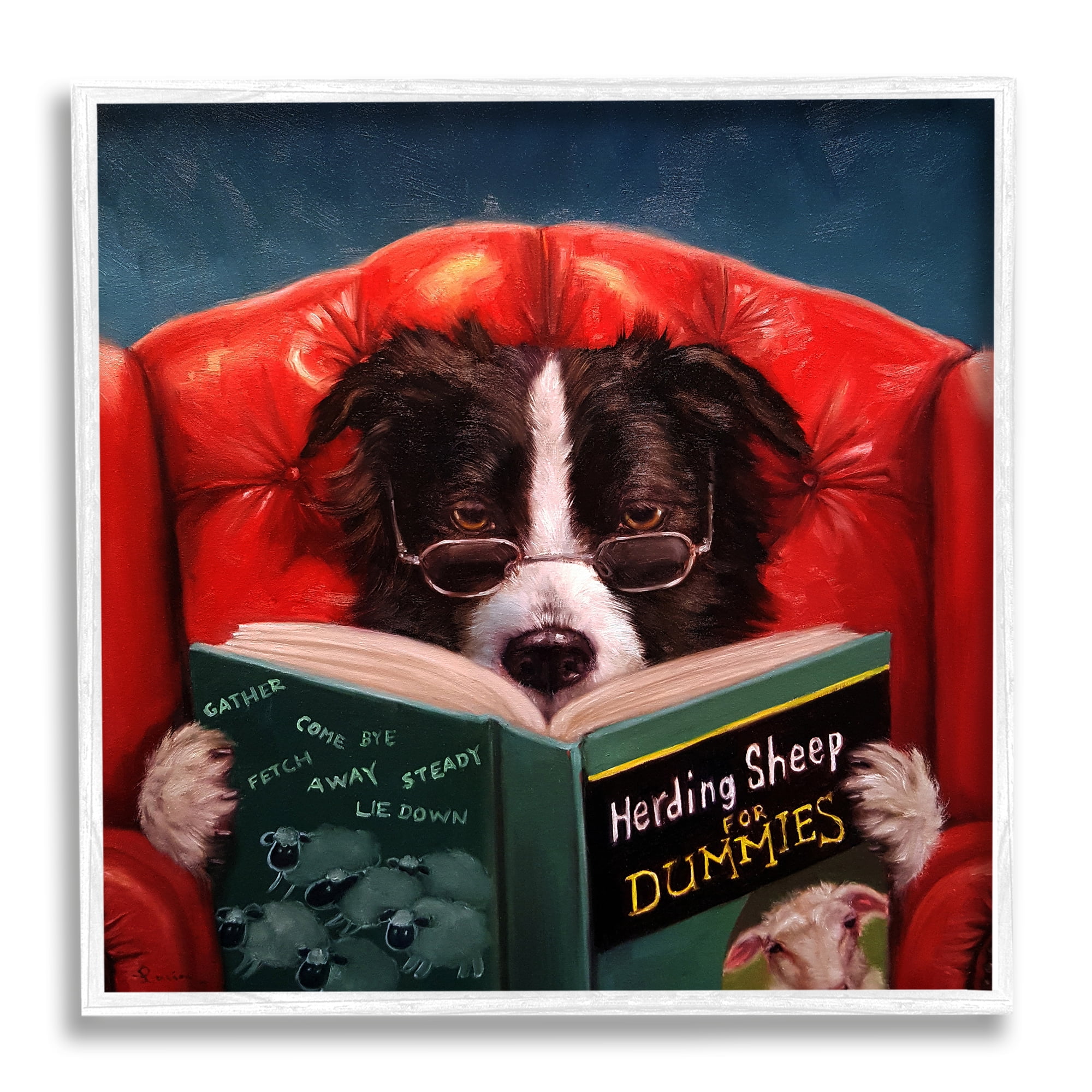 Herding Sheep Dog Reading for Dummies Funny Animals & Insects Framed Art Print Wall Art Design By Lucia Heffernan