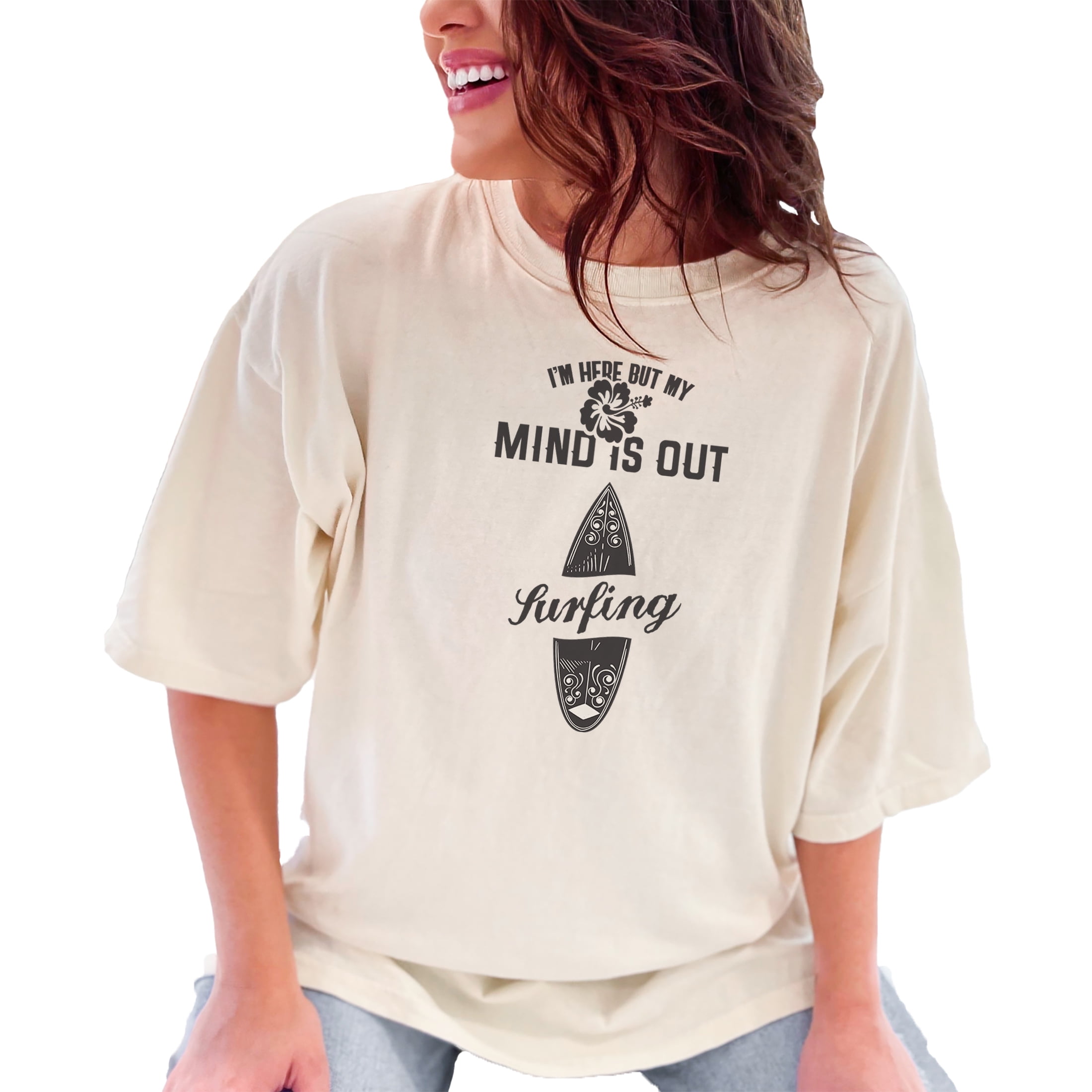 Here But My Mind Is Surfing, Ivory Comfort Colors T-Shirt, Large