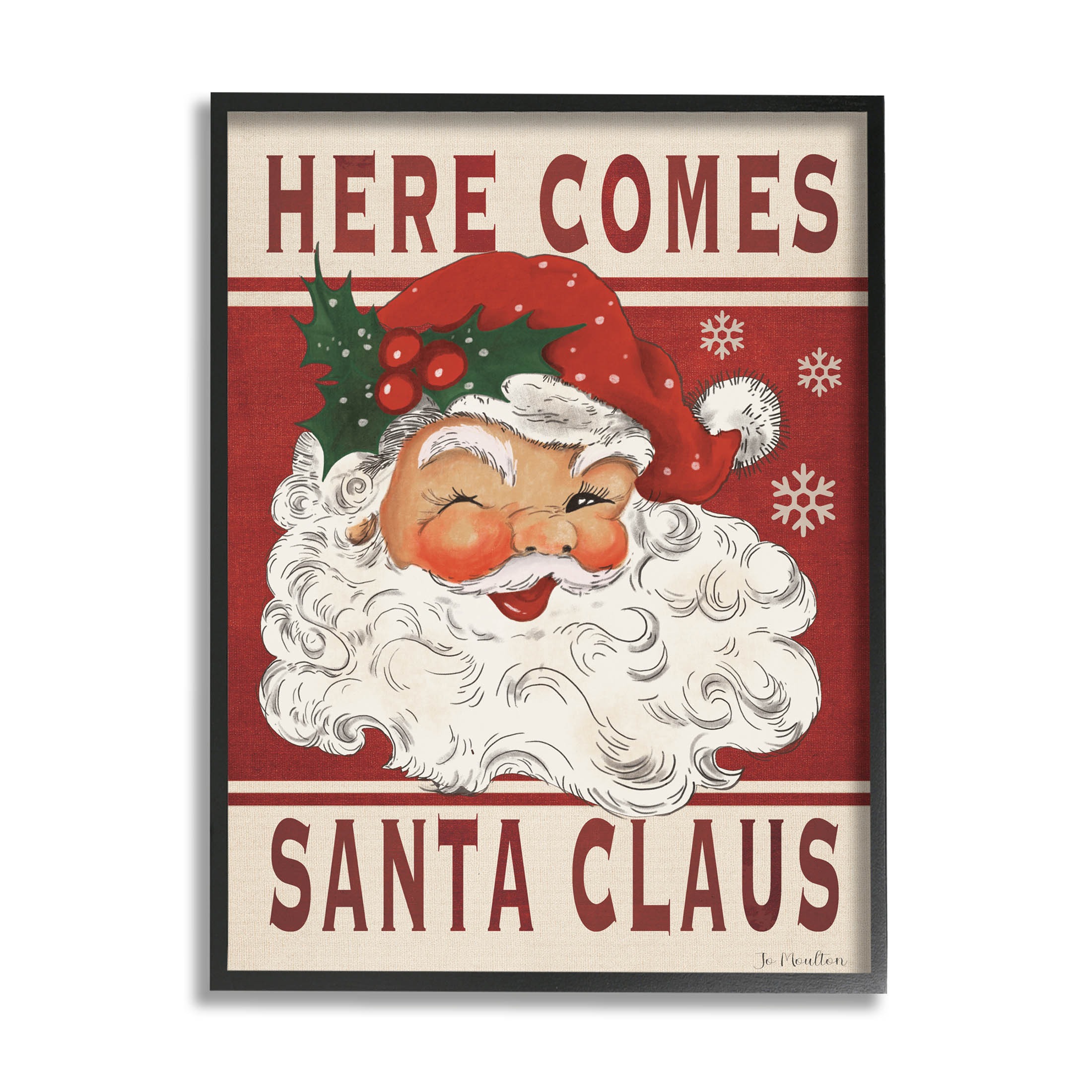 Here Comes Santa Claus Smiling Vintage Holiday Graphic Art Black Framed Art Print Wall Art