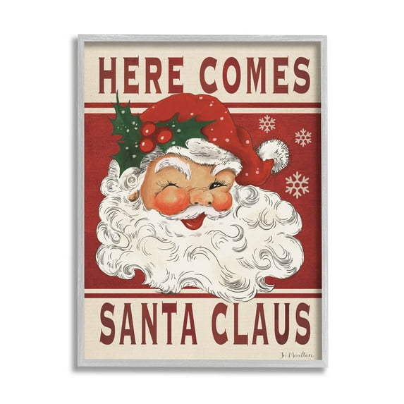 Here Comes Santa Claus Smiling Vintage Holiday Graphic Art Gray Framed Art Print Wall Art