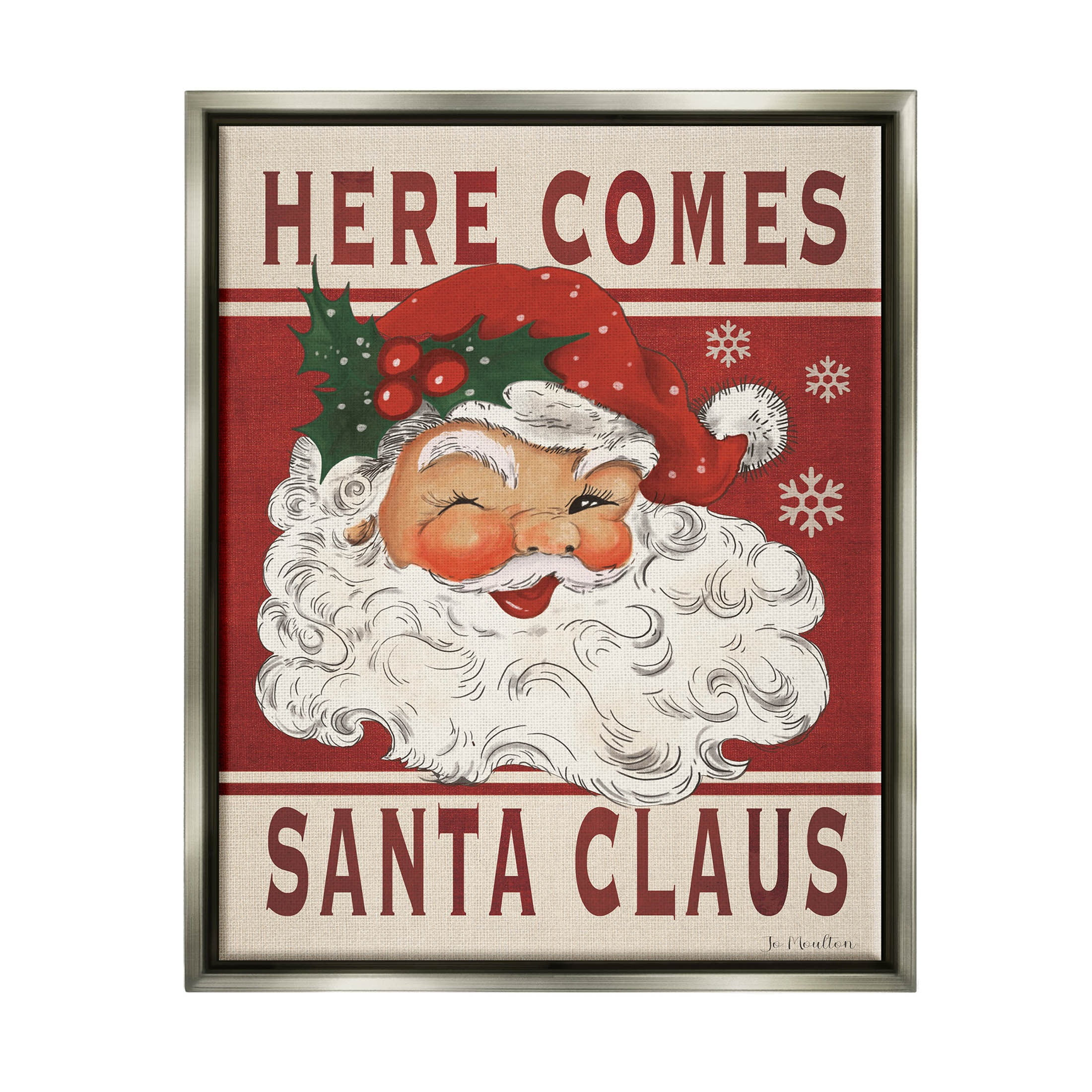 Here Comes Santa Claus Smiling Vintage Holiday Graphic Art Luster Gray Framed Art Print Wall Art