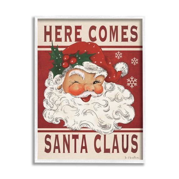 Here Comes Santa Claus Smiling Vintage Holiday Graphic Art White Framed Art Print Wall Art