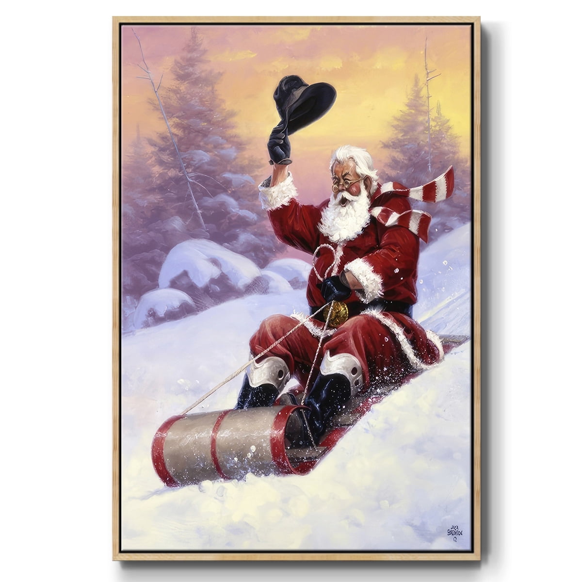 Here Comes Santa - Framed Gallery Wrapped Holiday Canvas - 17 x 25 - Natural Wood Frame