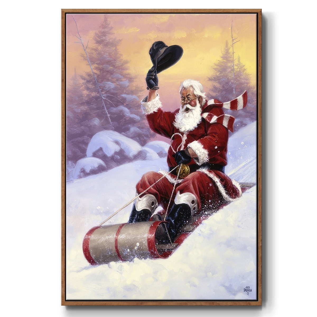 Here Comes Santa - Framed Gallery Wrapped Holiday Canvas - 17 x 25 - Rosewood Frame