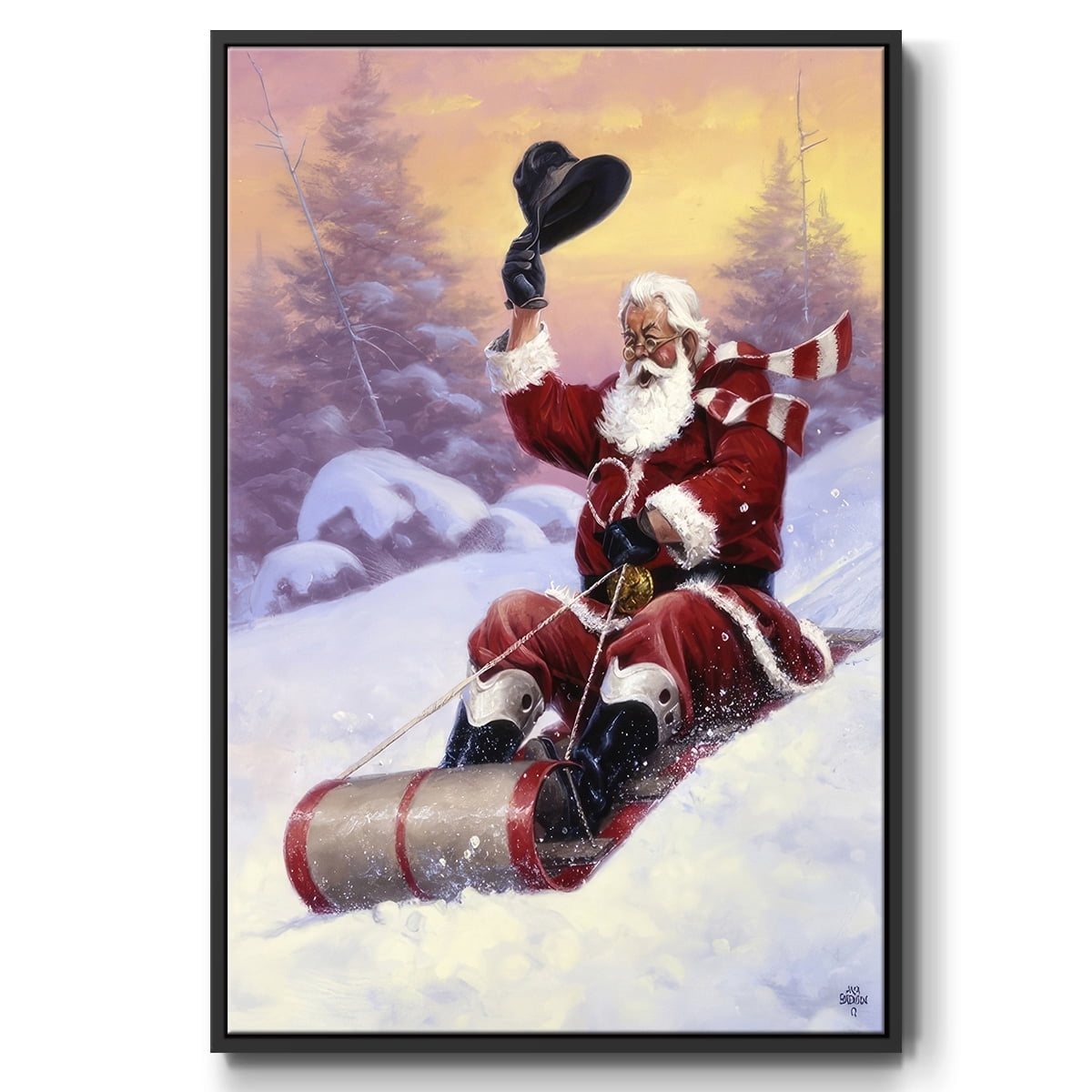 Here Comes Santa - Framed Gallery Wrapped Holiday Canvas - 25 x 37 - Black Frame