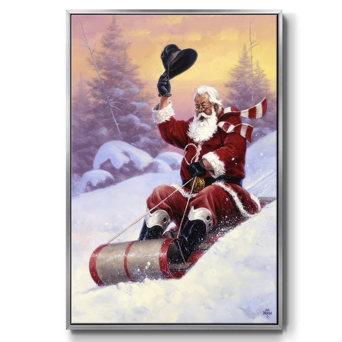 Here Comes Santa - Framed Gallery Wrapped Holiday Canvas - 25 x 37 - Silver Frame