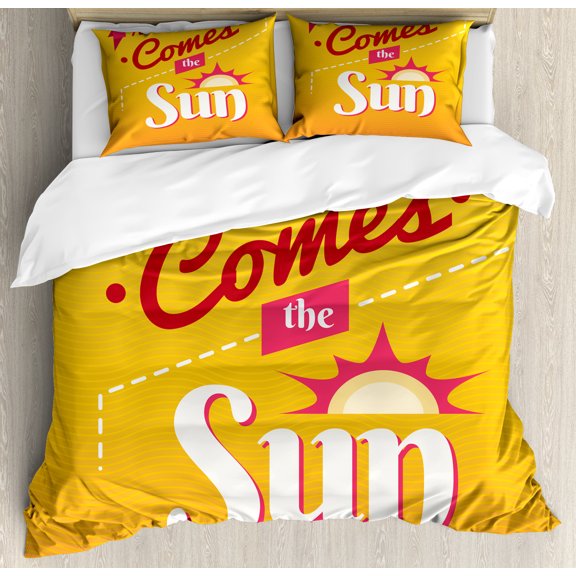 Here Comes the Sun Duvet Cover Set, Digitally Generated Modern Calligraphy with Dashes on Wavy Stripes, Decorative 3 Piece Bedding Set with 2 Pillow Shams, King Size, Orange Dark Pink, by Ambesonne