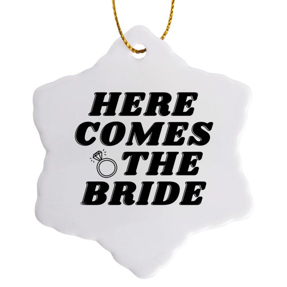 3drose, Here Comes the Bride Wedding Gift Honeymoon and Bridal Shower Gift, 3 inch Snowflake Porcelain Ornament