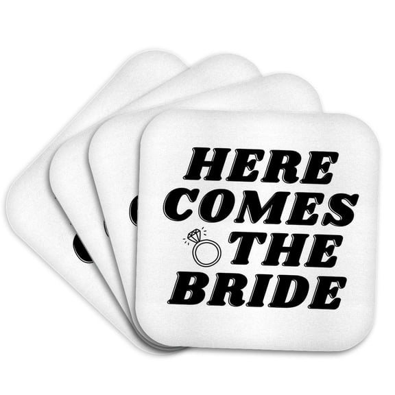 3drose, Here Comes the Bride Wedding Gift Honeymoon and Bridal Shower Gift, Set of 4 Coasters - Soft