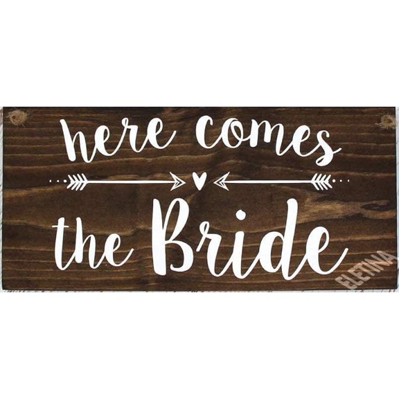 Here Comes The Bride Wedding Wood Sign, Rustic Ceremony Wall Decor for Kitchen Cafe Pub, Home Gift, 8x12 Inch