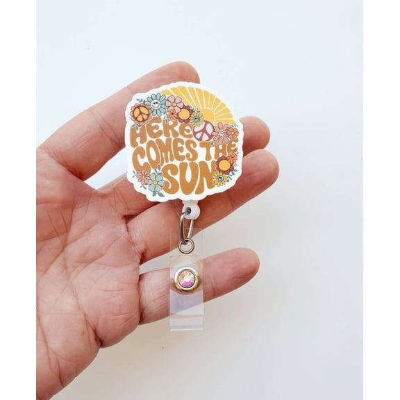 Here Comes The Sun Badge | Cute Peace Badge | Here Comes the Sun Lanyard | Retro Floral Nurse Gift | Positive Gift for Nurse