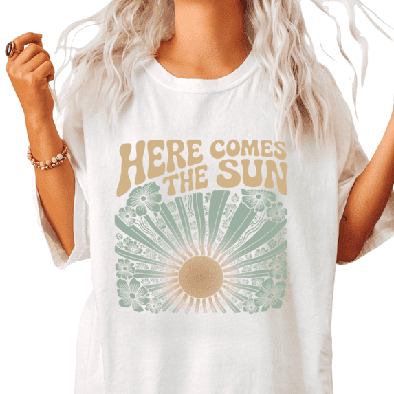Here Comes The Sun Floral Print Tshirt White S-5XL 70s Boho Graphic Tees Shirts Tops