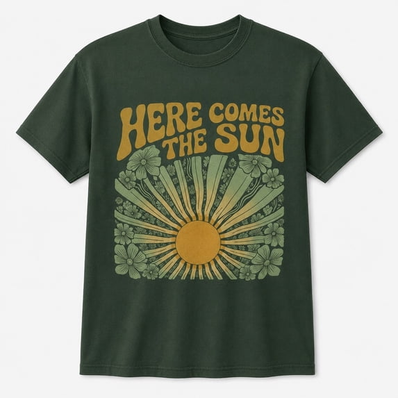 Here Comes The Sun Retro 70s Graphic Tee, Vintage Boho Floral Sunshine T-Shirt for Women, Unisex Cotton Tee
