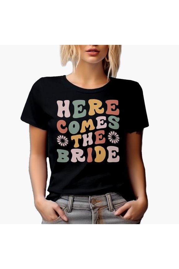 Here Comes the Bride, Bridal Shower, Wedding Day or Marriage Themed, Groovy Retro Wavy Text Merch Gift, Black T-Shirt, Medium