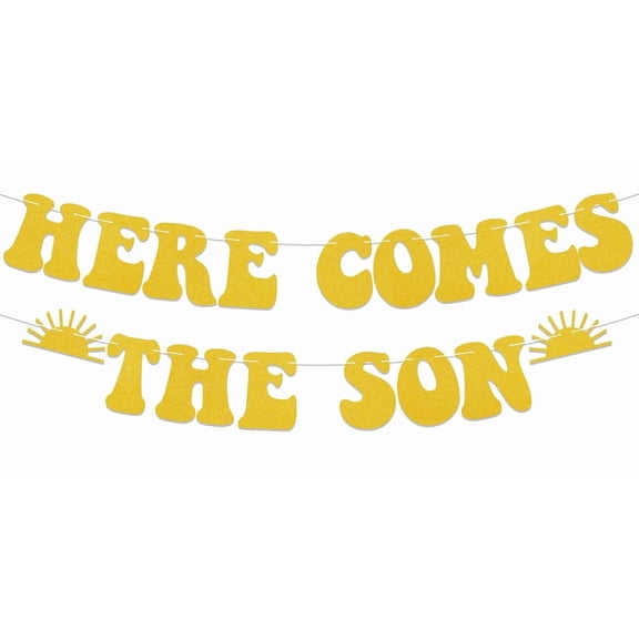 Here Comes the Son Banner - Pre-Strung Sun Baby Shower Party Decorations, Sunshine Baby Shower Gender Reveal Party Decorations Gold Glitter