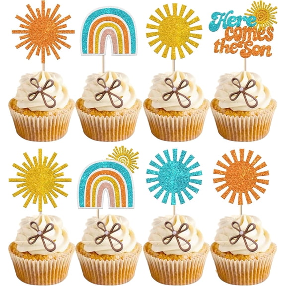 Here Comes the Son Cupcake Toppers, Sun and Rainbow Theme, Baby Shower Birthday Party Decorations, 12 PCS