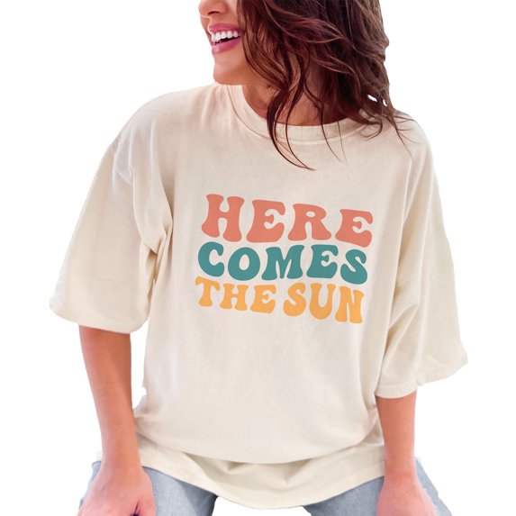 Here Comes the Sun, Summer Season Quote, Groovy Retro Wavy Text, Ivory Comfort Colors T-Shirt, XL
