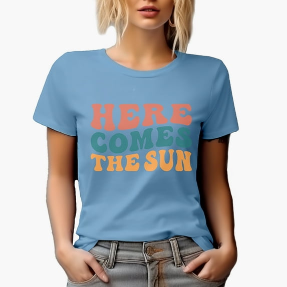 Here Comes the Sun, Summer Season Quote, Groovy Retro Wavy Text Merch Gift, Baby Blue T-Shirt, XL