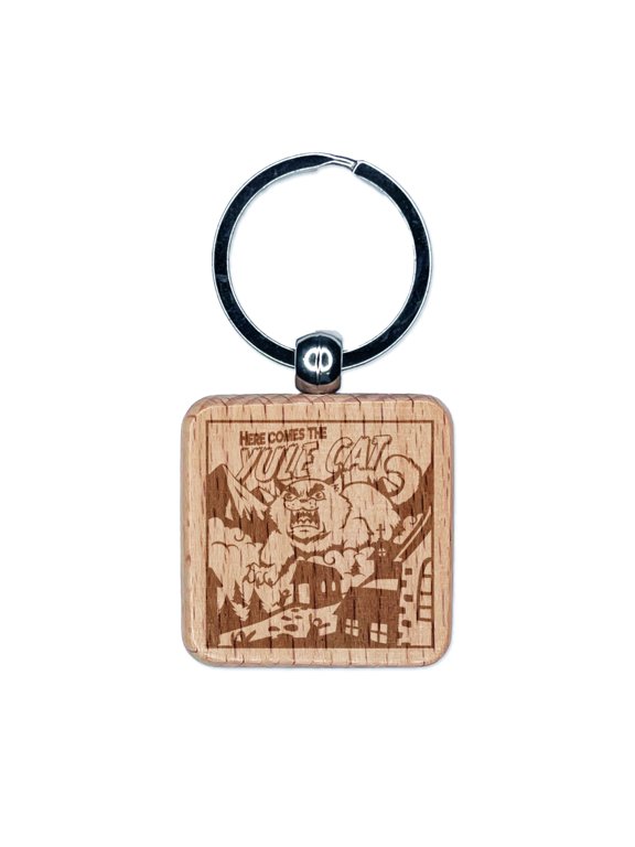 Here Comes the Yule Cat Icelandic Myth Folklore Christmas Square Keychain Charm Tag - Engraved Wood