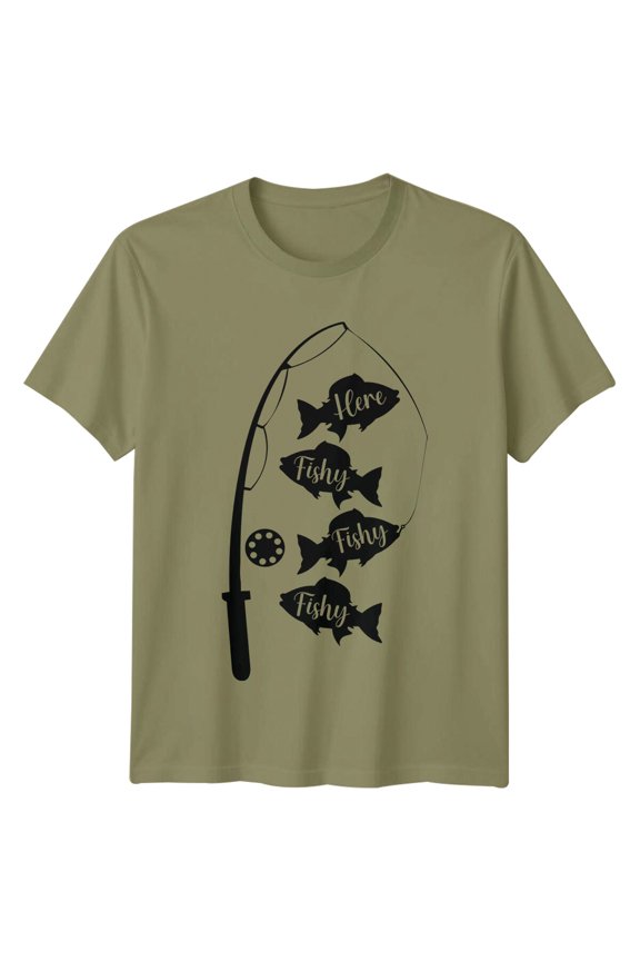Here Fishy Fish Pole Hobbies Mens T-Shirt Angler Tee All Size S-5XL