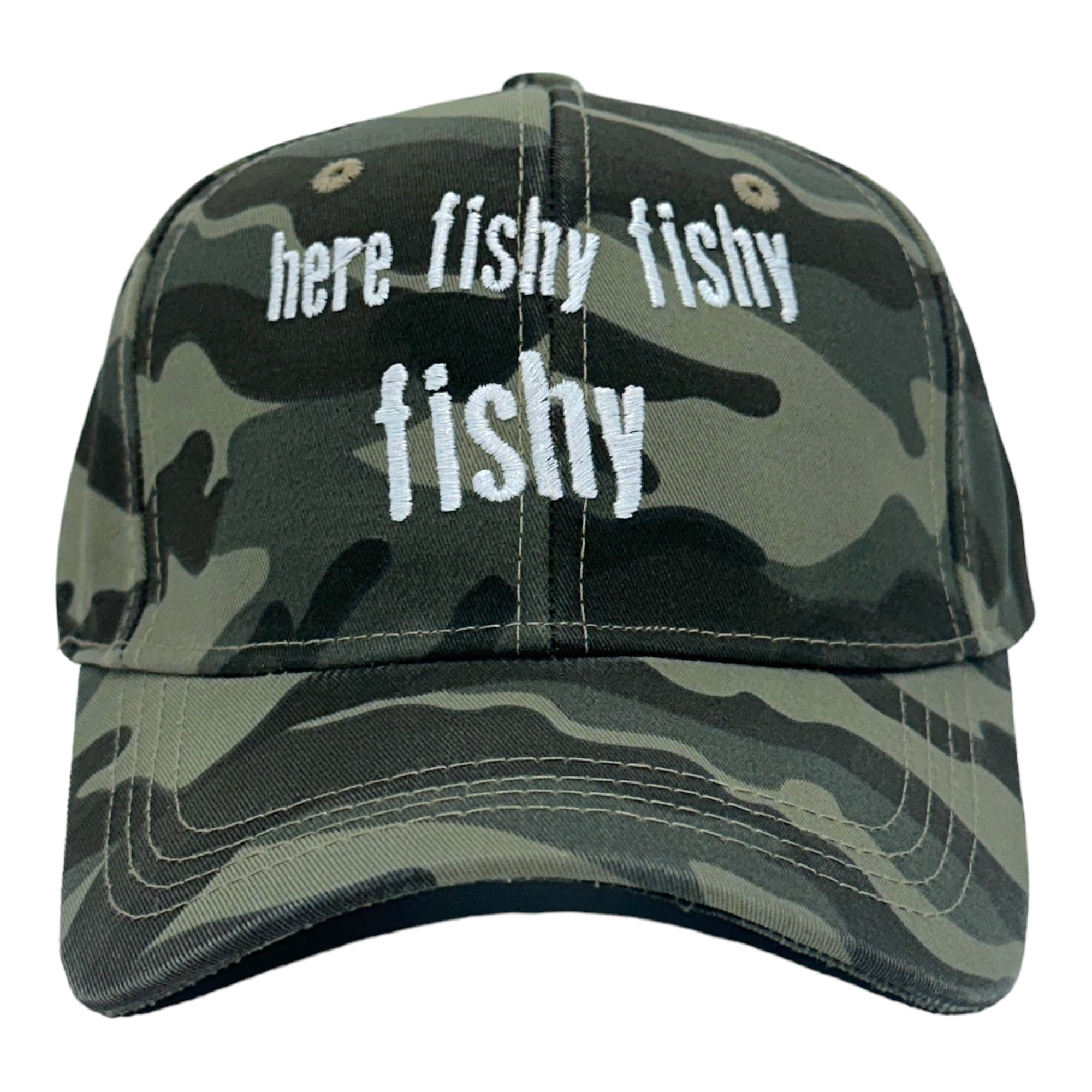 Here Fishy Fishy Fishy Hat Funny Outdoor Fishing Lovers Camo Cap 