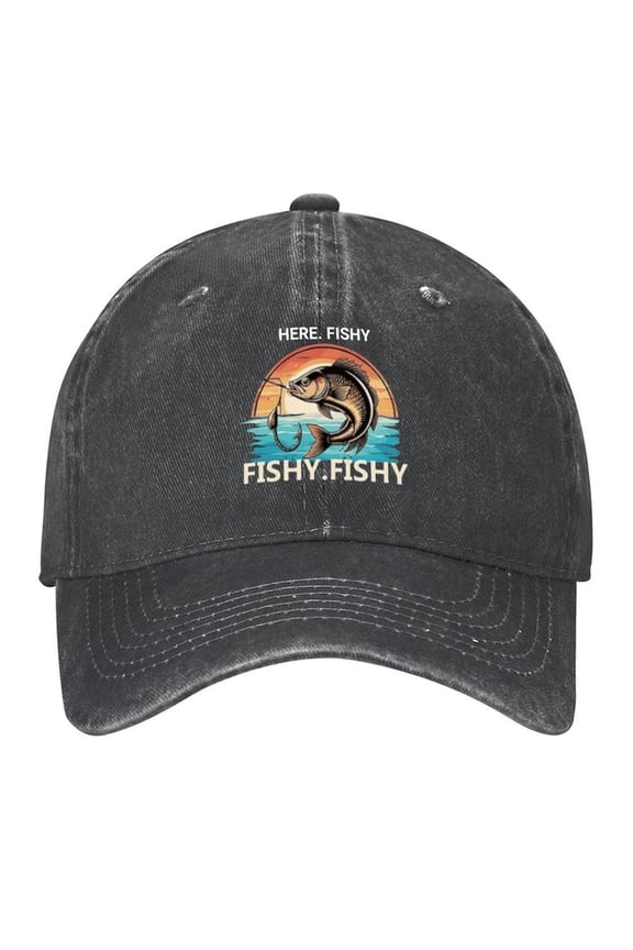 Here Fishy Fishy Print Vintage Wash Dad Hat Adjustable Curved Brim Baseball Cap,Casual Outdoor Sports Fishing Cap for Men and Women