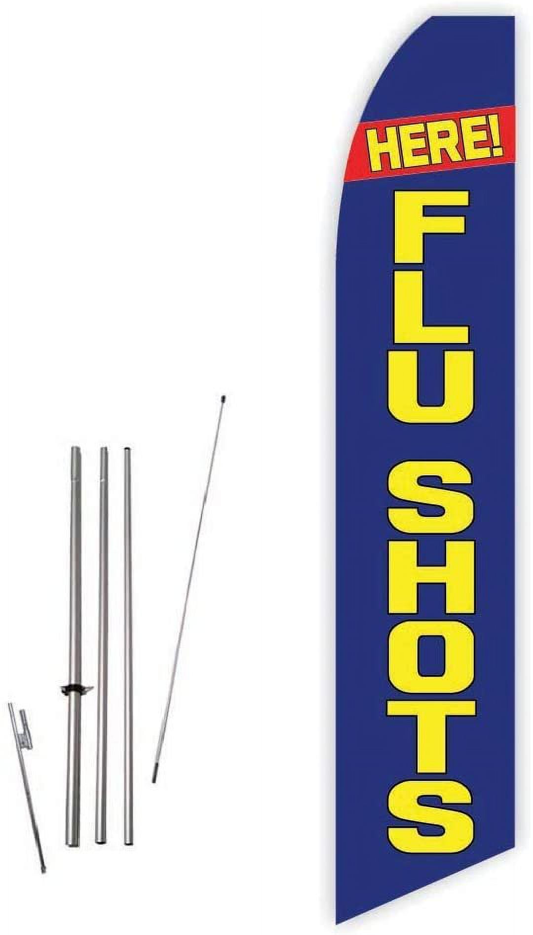 Here! Flu Shots Blue Super Novo Feather Flag - Complete with 15ft Pole Set and Ground Spike