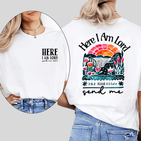 Isaiah 6:8 Scripture Print Tshirts "Here I Am Lord" Bible Verse Graphic Tees Christian Faith Casual Shirts Based Religious Design Short Sleeve Tops White,5XL